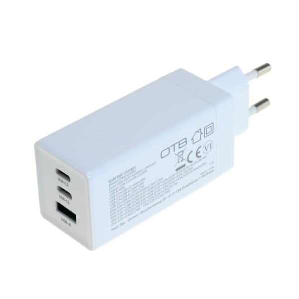 USB-C Ladegerät 65W GaN (2xUSB-C + 1xUSB-A) mit USB Power Delivery USB-PD - 3-Port - weiss